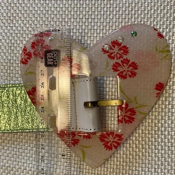 Rare Kaos acrylic heart buckle reversible white and metallic green leather belt